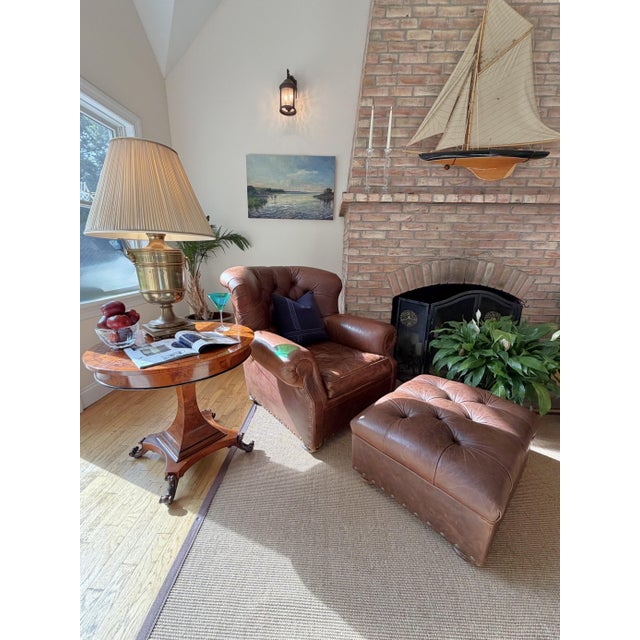 Brown Cigar Leather Restoration Hardware Chair & Coordinating Ottoman, a Pair For Sale - Image 8 of 18