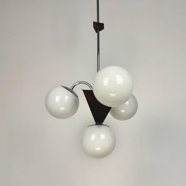 Art Deco Bauhaus Style Wood and White Glass Globes Pendant Light, 1930s For Sale - Image 3 of 10