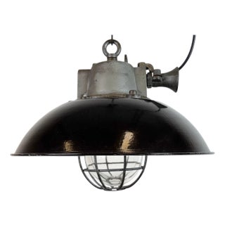 Industrial Black Enamel and Cast Iron Cage Pendant Light from Elektrosvit, 1960s For Sale