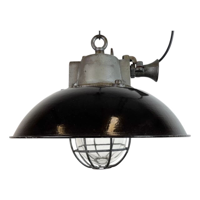Industrial Black Enamel and Cast Iron Cage Pendant Light from Elektrosvit, 1960s For Sale