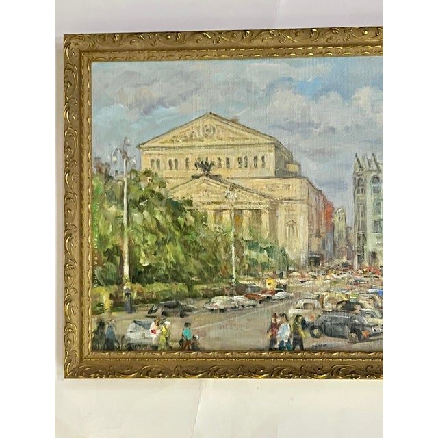 1990s Vintage Impressionist Oil Painting of Bolshoi Theatre in Gilt Frame | Impressionist Street Scene | Signed Original For Sale - Image 5 of 14