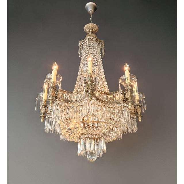 1930s Art Deco Crystal Chandelier Silver Serpentine Form Restored Antique Brass For Sale - Image 4 of 16