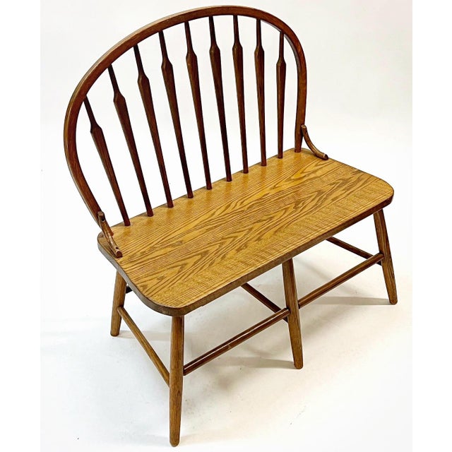 1960s Mid Century Solid Oak Bowback Windsor Armless Bench Settee For Sale - Image 5 of 10