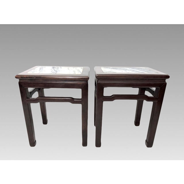 Chinoiserie Antique Rosewood Chinese 'Mahjong' Stools / End Tables With White Grey Dali Lake Marble Tops - Set of 4 / Pair For Sale - Image 3 of 12