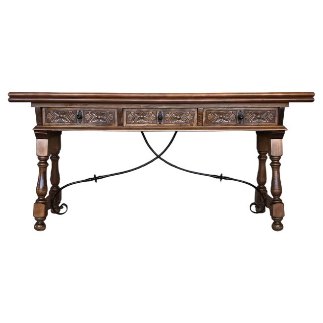 Early 20th Century Spanish Fold Out Console Table with Iron Stretcher & 3 Drawers, 1900s For Sale