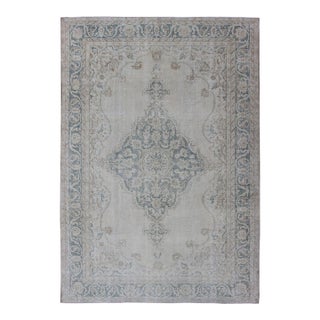 Medallion Distressed Oushak Turkey in Cream, Blue Tones, Brown and Teal Blue For Sale