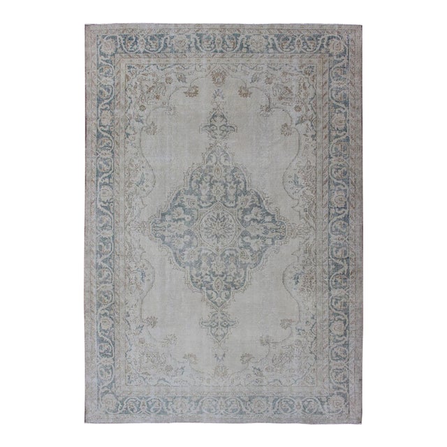 Medallion Distressed Oushak Turkey in Cream, Blue Tones, Brown and Teal Blue For Sale