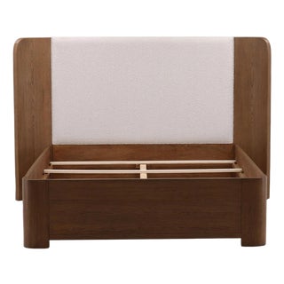 Rounded Oak & Boucle Queen Bed Frame For Sale