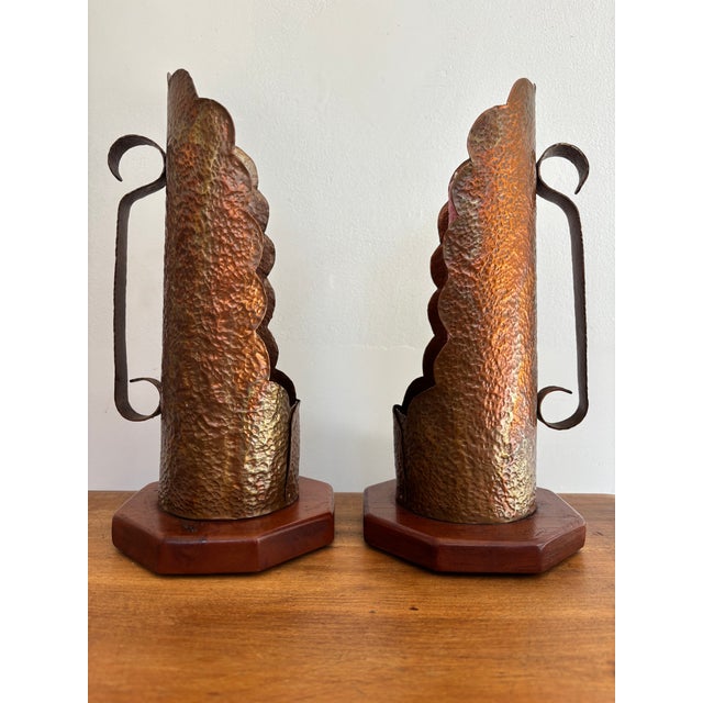 Mid 20th Century Hammered Copper Scalloped Candlestick Holders on Wood Base For Sale - Image 4 of 9