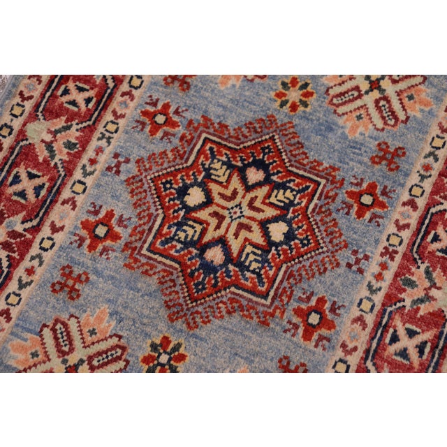 Boho Chic Kazak Tribal Light Blue/Red Wool Rug - 2'0''x3'0'' For Sale - Image 4 of 10