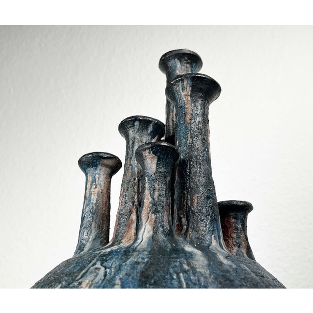 Blue Large Mid-Century Modern Brutalist German Studio Pottery Chimney Vase from Gerhard Liebenthron, 1974 For Sale - Image 8 of 18