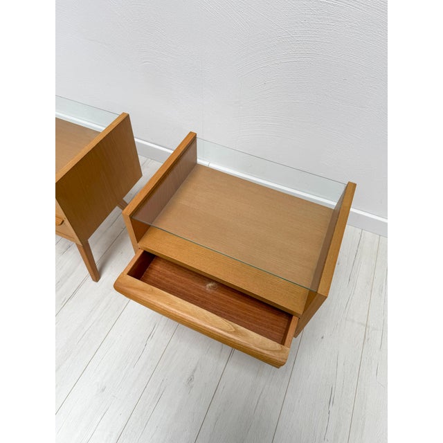 Brown Mid-Century Walnut Nightstands with Glass Shelves, 1960s, Set of 2 For Sale - Image 8 of 10