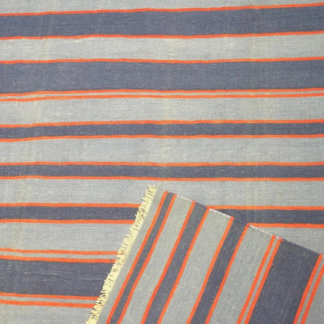 1950s Vintage Dhurrie Rug in Bluewith Stripes, From Rug & Kilim For Sale - Image 5 of 6