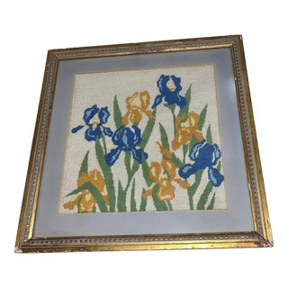 Vintage Crewel Framed Embroidery of Blue & Orange Lillies For Sale