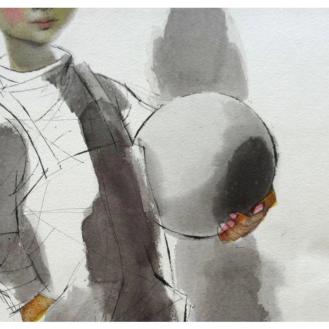 Modern Gunars Vindedzis, A Boy with a Ball, 1969, Ink & Watercolor on Paper For Sale - Image 3 of 5