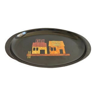 Vintage Black Lacquer Couroc Fish House Tray With Wood and Brass Inlay For Sale