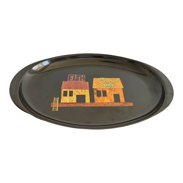 Vintage Black Lacquer Couroc Fish House Tray With Wood and Brass Inlay For Sale