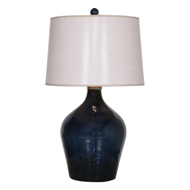 Lightly Hammered, Midnight Blue Glass Accented With Polished Nickel Plated Details. The Round, Tapered, Hardback Shade Is...