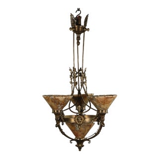 1930s French Empire Style Brass and Bronze and Alabaster Chandelier For Sale