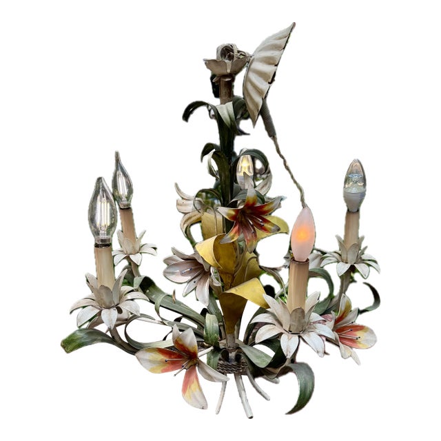 Vintage 1960’s Italian Hand Painted Polychrome 5 Arm Metal Tole Chandelier With Lilies For Sale
