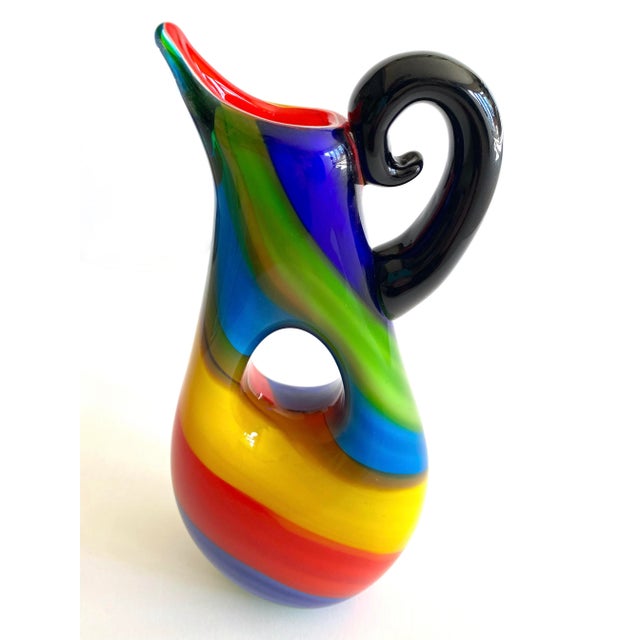 Vintage 1980's Postmodern Italian Murano Art Glass Fused Multicolor Stripe Sculptural Pitcher Vase For Sale In Kansas City - Image 6 of 13