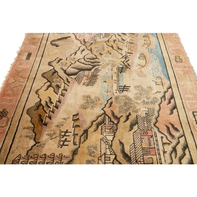 Beige Antique Chinese Art Deco Wool Rug Handmade in Beige With Pictorial Design For Sale - Image 8 of 9