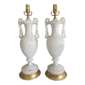 Pair Italian Urn & Handles Neoclassic Alabaster Table Lamps