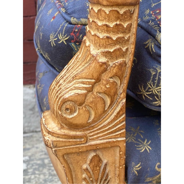 1950s Antique French Empire Style Armchair With Carved Arm Dolphins Chinoiserie Elephant Upholstery For Sale - Image 5 of 7