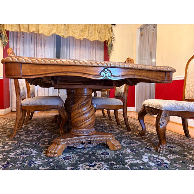 1990s Grand Traditional Italian Carved Pedestal Dining Table & 8 Damask Chairs - 9 Piece Set For Sale - Image 9 of 9