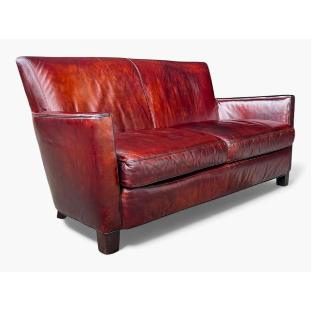 Crate & Barrel Vintage Hand-Dyed Burgundy Leather Loveseat With Rich Patina and Sloped Arms For Sale - Image 15 of 15