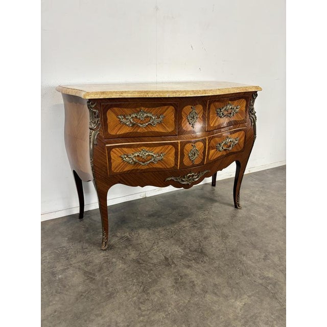 Louis XV Style Bombé Commode with Marquetry and Marble Top by R. Bacchin, in Very Good conditions.