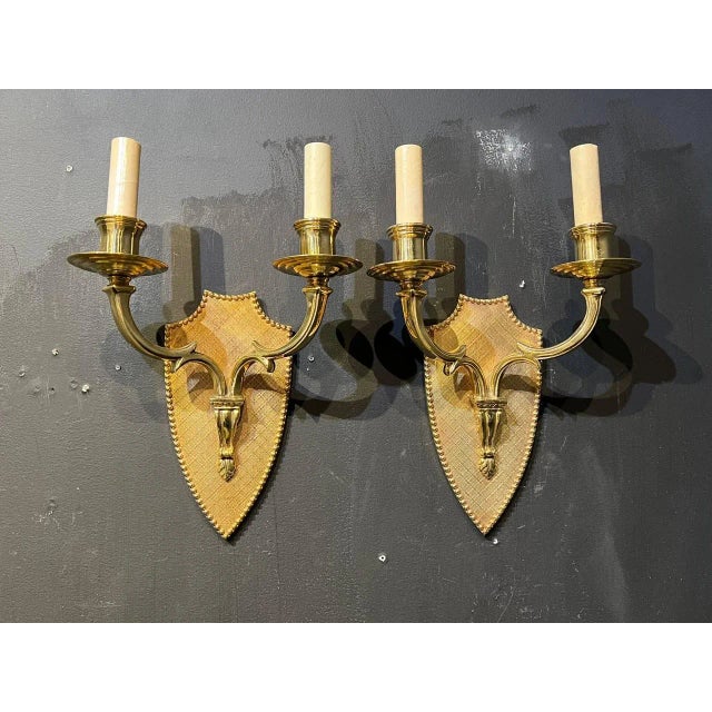 1900 - 1909 Pair of 1900's Caldwell Gilt Bronze Engraved Sconces With 2 Lights For Sale - Image 5 of 7