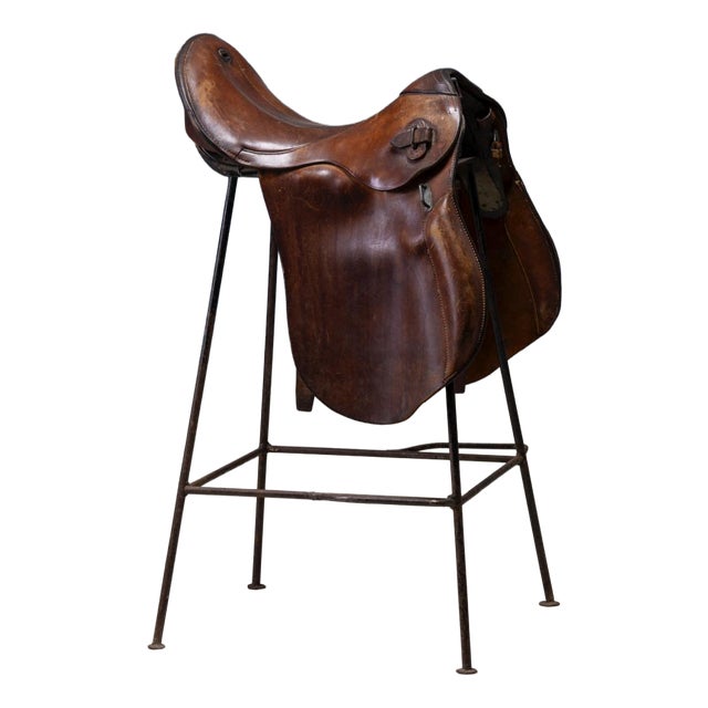 Saddle Style Leather and Metal Bar Stools, Late 20th Century, Set of 2 For Sale