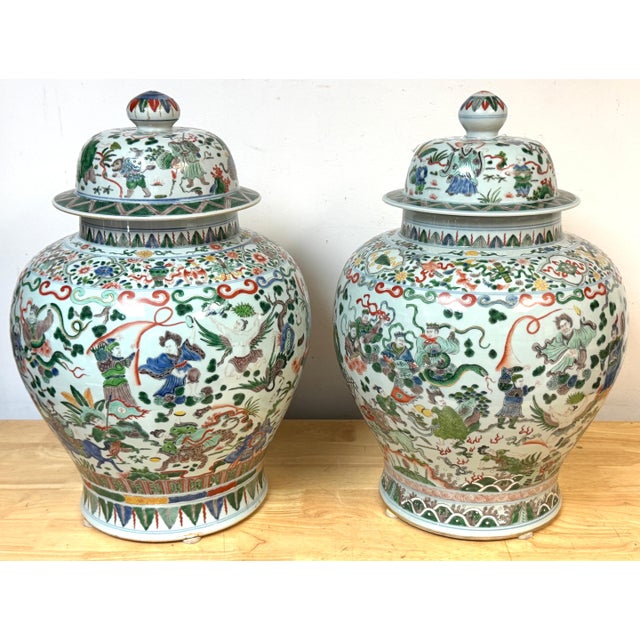 Pair Monumental Chinese Famille Verte Buddhist Ginger Jars, Late Qing Dynasty For Sale - Image 14 of 18