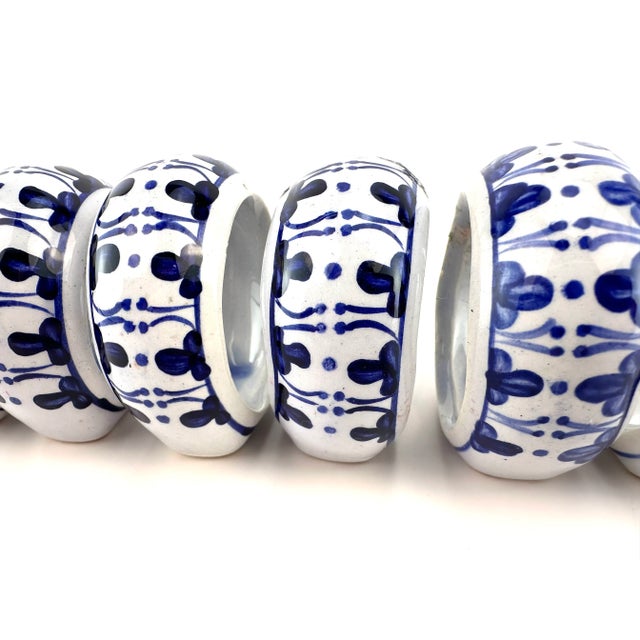 Vintage Blue and White Hand Painted Napkin Rings, Set of 6 For Sale In Little Rock - Image 6 of 7