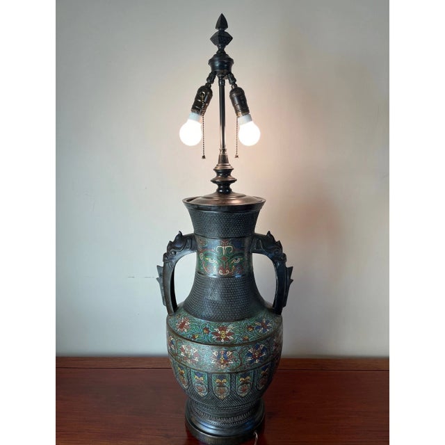 Large 42" Chinese CloisonnÃ© & Bronze Taotie Hu Vase Table Lamp For Sale - Image 4 of 15