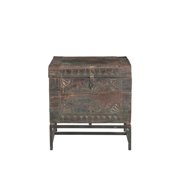 Indian Antique Indian Carved and Painted Chest on Iron Legs For Sale - Image 3 of 5