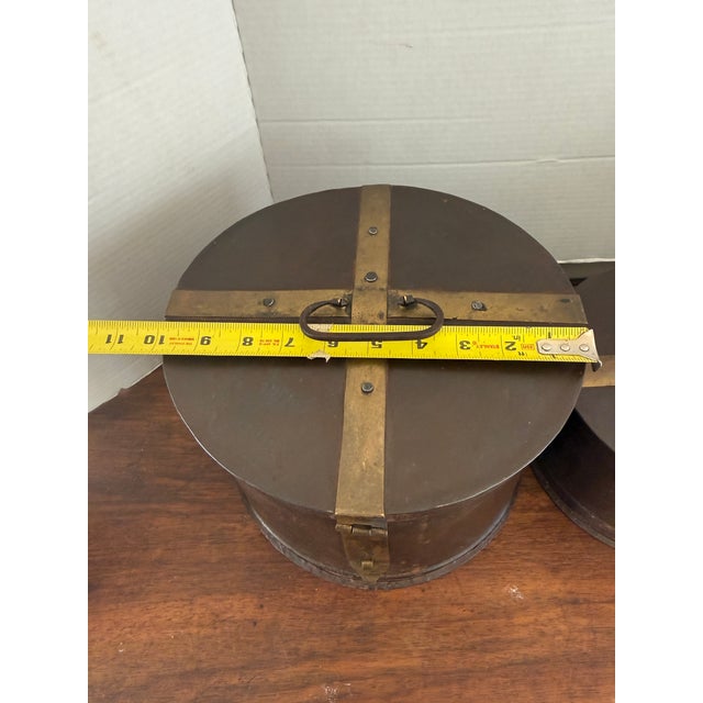 Metal Antique Metal Military Hammered Hat Boxes Pair For Sale - Image 7 of 8