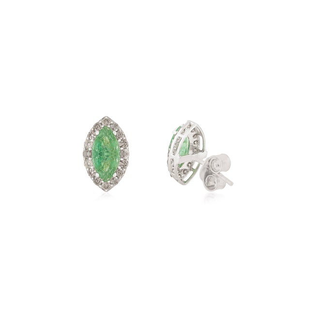 Art Deco Marquise Cut Emerald Halo Diamond Push Back Earrings in Silver- A Pair For Sale - Image 4 of 11