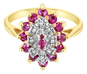 Ruby Diamond Pave Cluster Ring 14k Yellow Gold, Size 5
