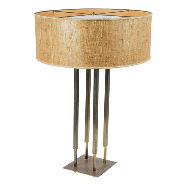 Vintage Tommi Parzinger for Stiffel Architectural Brass Table Lamp With Original Drum Shade, Circa 1960s For Sale