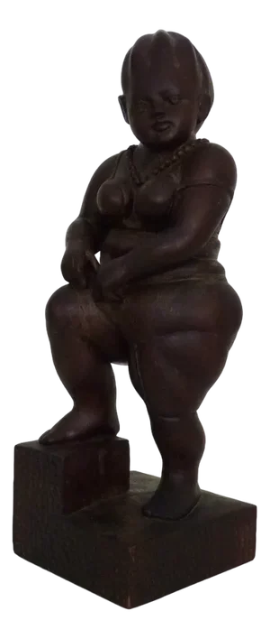 Grotesque Exotic Wood Sculpture of a Woman Showing Her Thigh in the style of Botero, 1980s