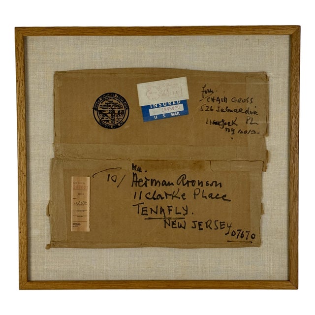 Salvaged Framed Chaim Gross Shipping Parcel Label With Personal Note on Back, Ephemera For Sale