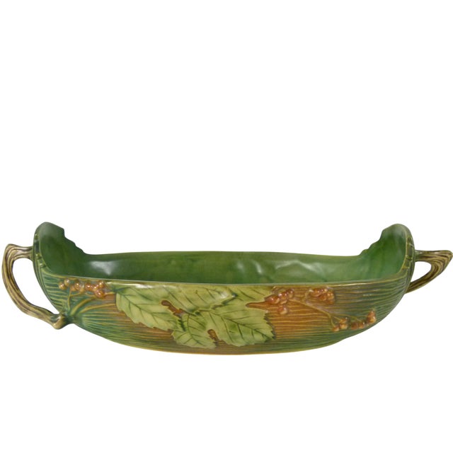 Mid-Century Modern Vintage 1940s Roseville Pottery "Bushberry" Green Console Bowl Shape 417-14" For Sale - Image 3 of 12