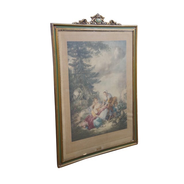 Antique François Boucher Pastoral Fortune Teller Scene Lithograph Print. Dimensions: 22" x 0.75" x 31" (W x D x H)