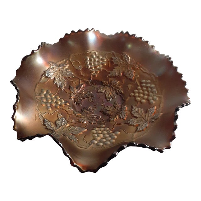 Vintage Northwood Grape Cable Amethyst Ruffled Carnival Glass Bowl For Sale