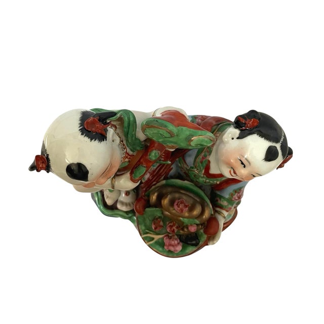 Ceramic Vintage Chinese Lucky Boy and Girl Porcelain Hand Painted Statue Figurine For Sale - Image 7 of 8