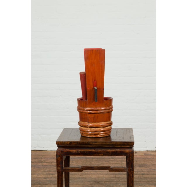 Japanese Vintage Grain Storage Jug with Red Lacquer and Calligraphy Decor For Sale - Image 4 of 13