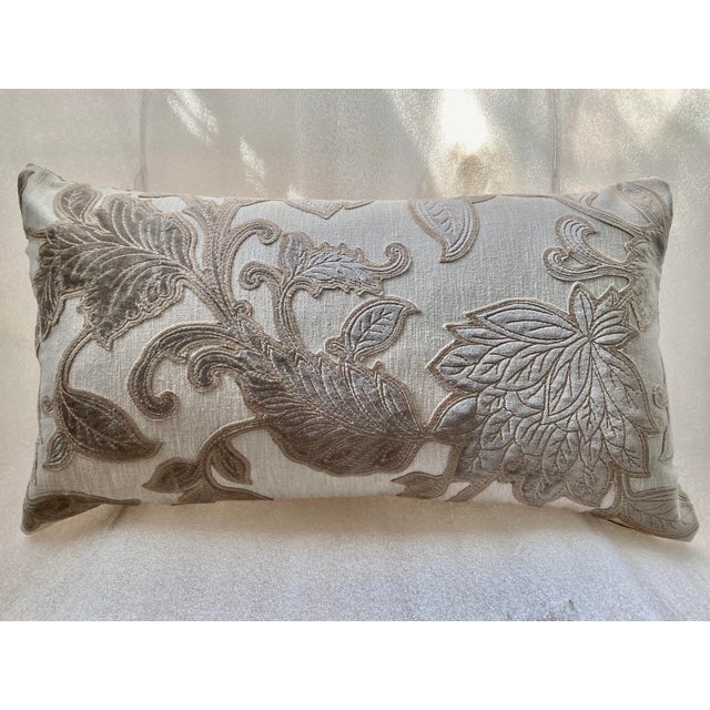 2020s Velvet Foliage Appliquéd Linen and Silk Decorative Lumbar Pillow Cover For Sale - Image 5 of 8
