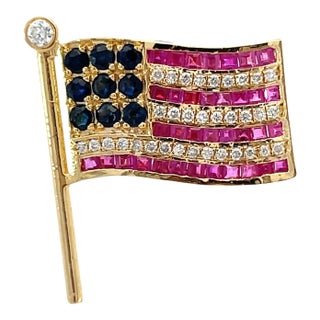 14k Heavy Gold American Flag Brooch With Ruby, Sapphire & Diamond For Sale